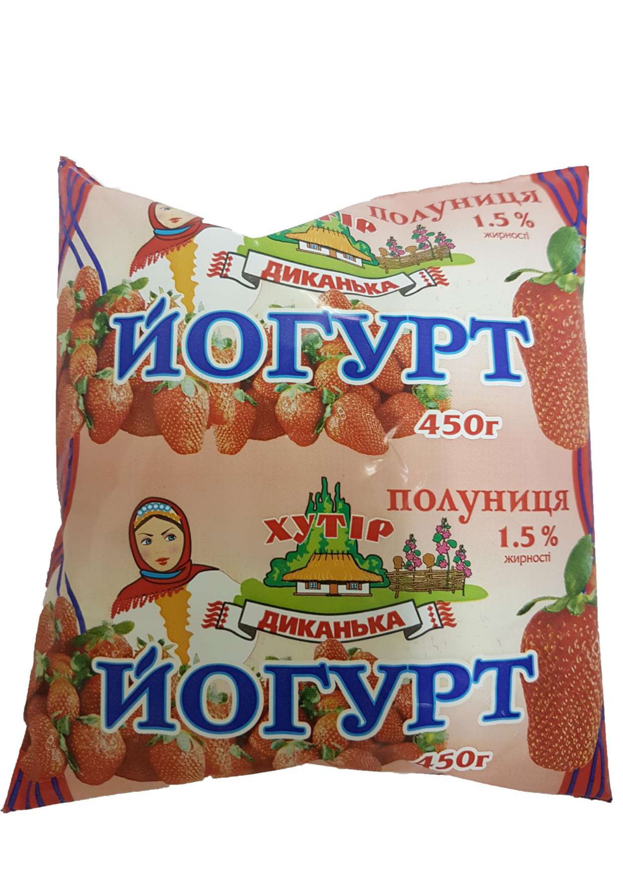 Йогурт питний пастеризований нетермізований з плодово-ягідним наповнювачем «Полуниця» 1.5% жирності, ТМ «Хутір Диканька», 450 г поліетиленова упаковка